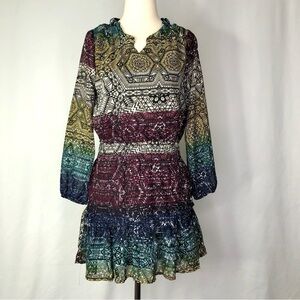 Ella Moss dress geometric jewel-tone ombre stripe chiffon ruffle bottom 12